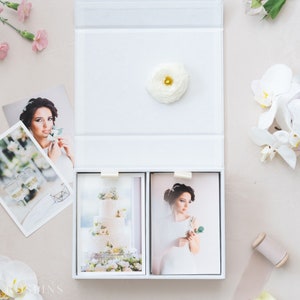 Velvet Double Photo Box - Bright White | Custom size wedding photo box | Foil Stamped with logo or texts