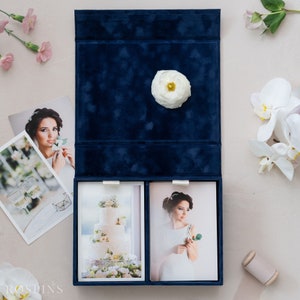 Velvet Double Photo Box - Deep Blue | Custom size wedding photo box | Foil Stamped with logo or texts