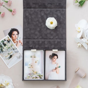 Velvet Double Photo Box - Charcoal Grey | Custom size wedding photo box | Foil Stamped with logo or texts