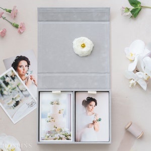 Velvet Double Photo Box - Pale Grey | Custom size wedding photo box | Foil Stamped with logo or texts
