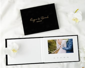Personalized Velvet Video Book | Video Brochure | Black | Gold foiled Wedding names & date