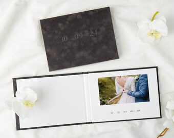 Personalized Velvet Video Book | Video Brochure | Charcoal Grey | Debossed Wedding Keepsake