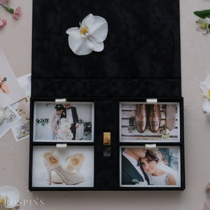 Velvet Four-compartment Photo & USB Box - Black | Custom size wedding photo box | Foil Stamped with logo or texts | Box only