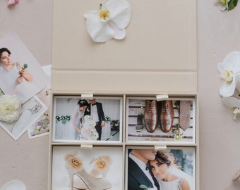 Linen Four-compartment Photo Box - Ivory | Custom size wedding photo box | Foil Stamped with logo or texts