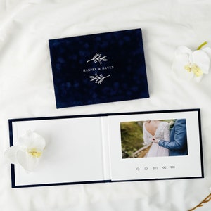 Personalized Velvet Video Book | Video Brochure | Deep Blue | White foiled Minimalist Floral Feminine