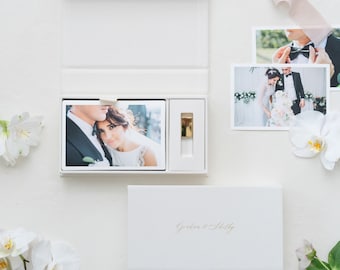 Boîte pour photos et USB en lin - Blanc crème | Boîte personnalisée pour photo de mariage | Feuille estampée du logo ou des textes | Boîte uniquement