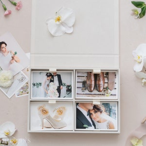 Velvet Four-compartment Photo Box - Champagne | Custom size wedding photo box | Foil Stamped with logo or texts