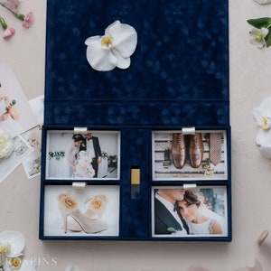 Velvet Four-compartment Photo & USB Box - Deep Blue | Custom size wedding photo box | Foil Stamped with logo or texts | Box only