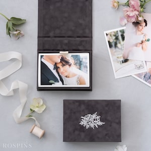 Velvet Photo Box - Charcoal Grey | Custom size wedding photo box | Foil Stamped with logo or texts