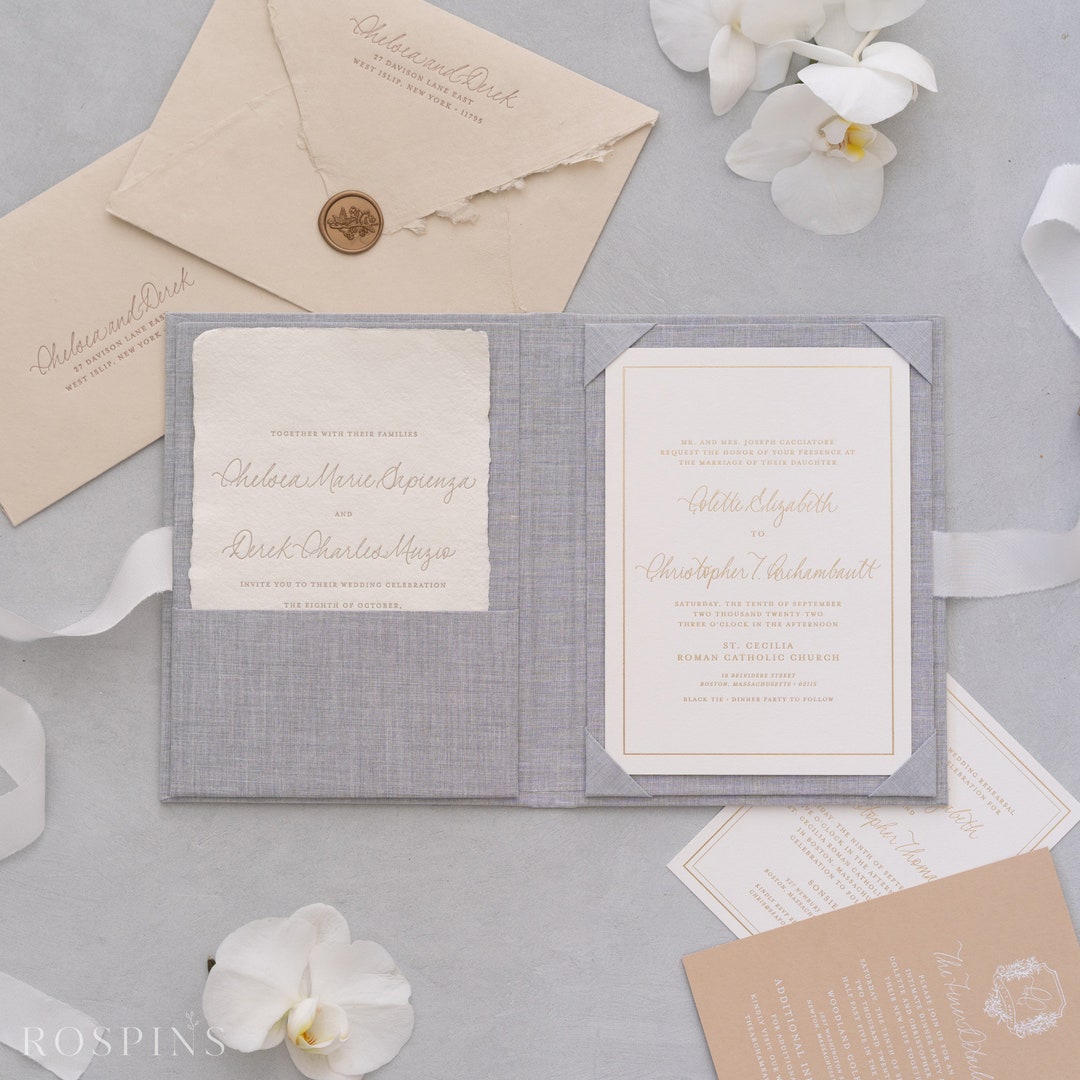 Linen Invitation Folio - Heather Grey | Custom Size | Foil Stamped With ...