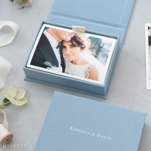 Linen Photo Box - Light Blue | Custom size wedding photo box | Foil Stamped with logo or texts
