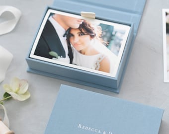 Linen Photo Box - Light Blue | Custom size wedding photo box | Foil Stamped with logo or texts