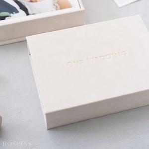 Boîte à photos en velours - Champagne | Boîte photo de mariage aux dimensions personnalisées | Feuille estampée avec logo ou textes
