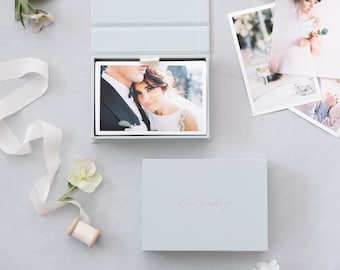 Boîte à photos en lin - Beau bleu | Boîte personnalisée pour photo de mariage | Feuille estampée avec logo ou textes