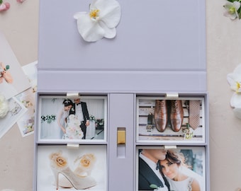 Linen Four-compartment Photo & USB Box -Pale Violet | Custom size wedding photo box | Foil Stamped with logo or texts | Box only