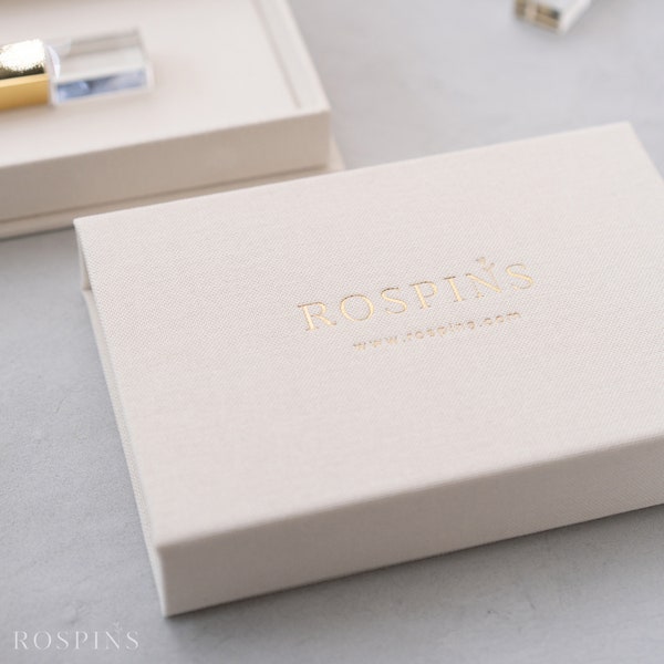 Linen USB box - Creamy White | Custom USB box foil stamped with logo or texts | with USB drive