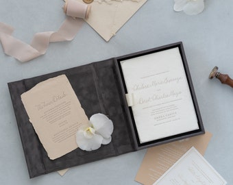 Velvet Invitation Box - Charcoal Grey | Wedding invitation box | Foil Stamped with logo or texts