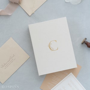 Creamy White Linen Invitation Box: Foil Stamped Wedding Keepsake