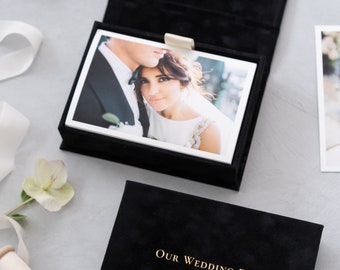 Velvet Photo Box - Black | Custom size wedding photo box | Foil Stamped with logo or texts