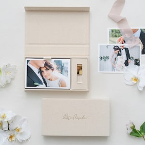Leinen Foto & USB Box - Neues Naturleinen | Wunschgröße Hochzeit Fotobox | Folienprägung mit Logo oder Texten | Nur Box