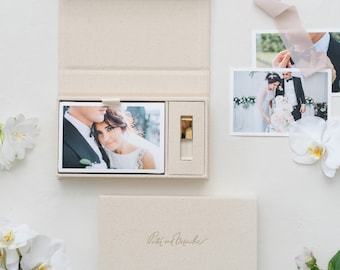 Boîte pour photos et USB en lin - Nouveau lin naturel | Boîte personnalisée pour photo de mariage | Feuille estampée du logo ou des textes | Boîte uniquement