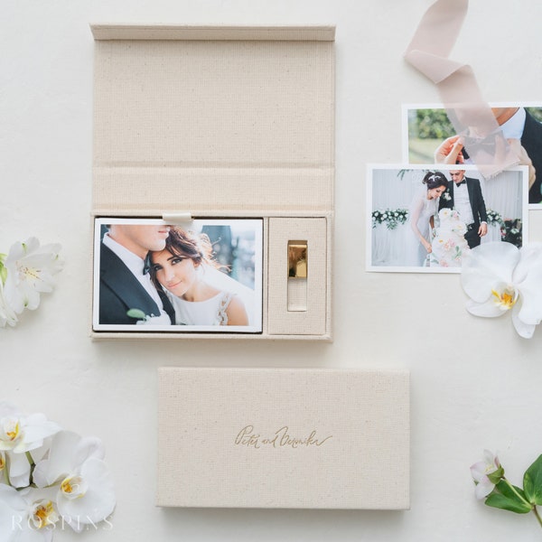 Linen Photo & USB Box - New Natural Linen | Custom size wedding photo box | Foil Stamped with logo or texts | Box only