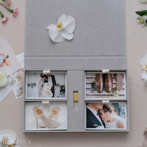 Velvet Four-compartment Photo & USB Box - Pale Grey | Custom size wedding photo box | Foil Stamped with logo or texts | Box only