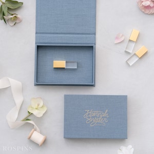 Linen USB box - Lake Blue | Custom USB box foil stamped with logo or texts | with USB drive
