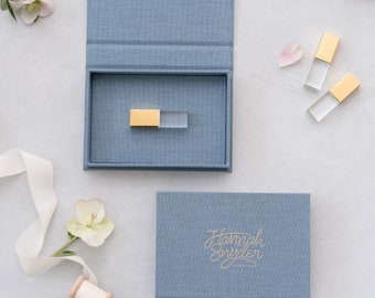 Linen USB box - Lake Blue | Custom USB box foil stamped with logo or texts | with USB drive