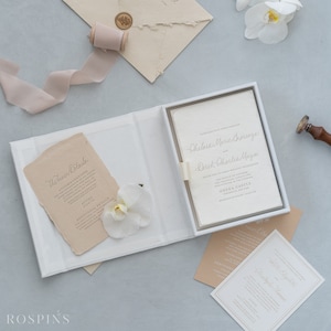 Bright White Velvet Wedding Invitation Box: Foil Stamped