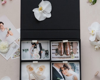 Linen Four-compartment  Photo Box - Black | Custom size wedding photo box | Foil Stamped with logo or texts