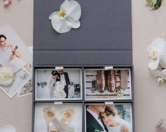 Linen Four-compartment Photo Box - Dark Grey | Custom size wedding photo box | Foil Stamped with logo or texts