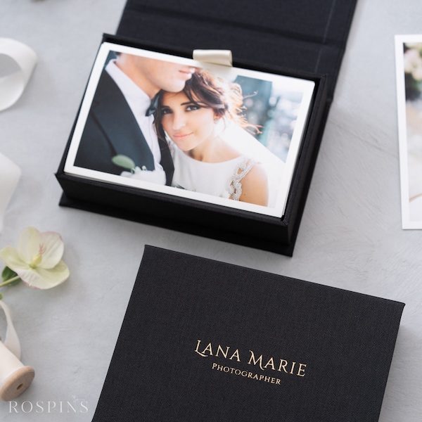 Linen Photo Box - Black | Custom size wedding photo box | Foil Stamped with logo or texts