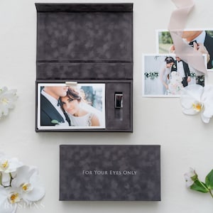 Velvet Photo & USB Box - Charcoal Grey | Custom size wedding photo box | Foil Stamped with logo or texts | Box only