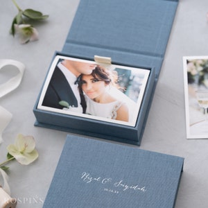 Linen Photo Box - Lake Blue | Custom size wedding photo box | Foil Stamped with logo or texts