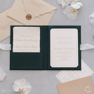 Folio de invitación de lino - Verde esmeralda / Tamaño personalizado / Estampado en papel de aluminio con logotipo o textos