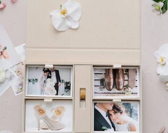 Linen Four-compartment Photo & USB Box - New Natural Linen | Custom size wedding photo box | Foil Stamped with logo or texts | Box only