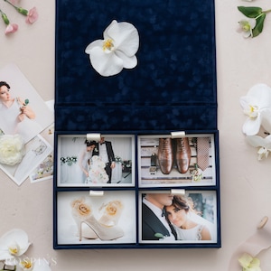 Velvet Four-compartment Photo Box - Deep Blue | Custom size wedding photo box | Foil Stamped with logo or texts