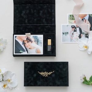 Velvet Photo & USB Box - Black | Custom size wedding photo box | Foil Stamped with logo or texts | Box only