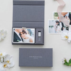 Foil Stamped Dark Gray Linen Photo & USB Box - Custom Wedding Keepsake