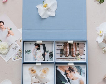 Linen Four-compartment Photo Box - Light Blue | Custom size wedding photo box | Foil Stamped with logo or texts