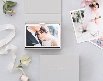 Linen Photo Box - Light Grey | Custom size wedding photo box | Foil Stamped with logo or texts