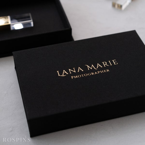Linen USB box - Black | Custom USB box foil stamped with logo or texts | with USB drive
