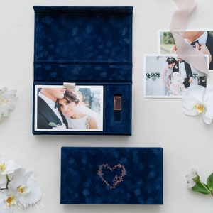 Velvet Photo & USB Box - Deep Blue | Custom size wedding photo box | Foil Stamped with logo or texts | Box only