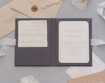 Linen Invitation Folio - Dark Grey | Custom size | Foil Stamped with logo or texts