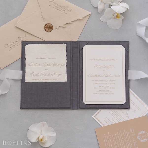 Linen Invitation Folio - Dark Grey | Custom size | Foil Stamped with logo or texts