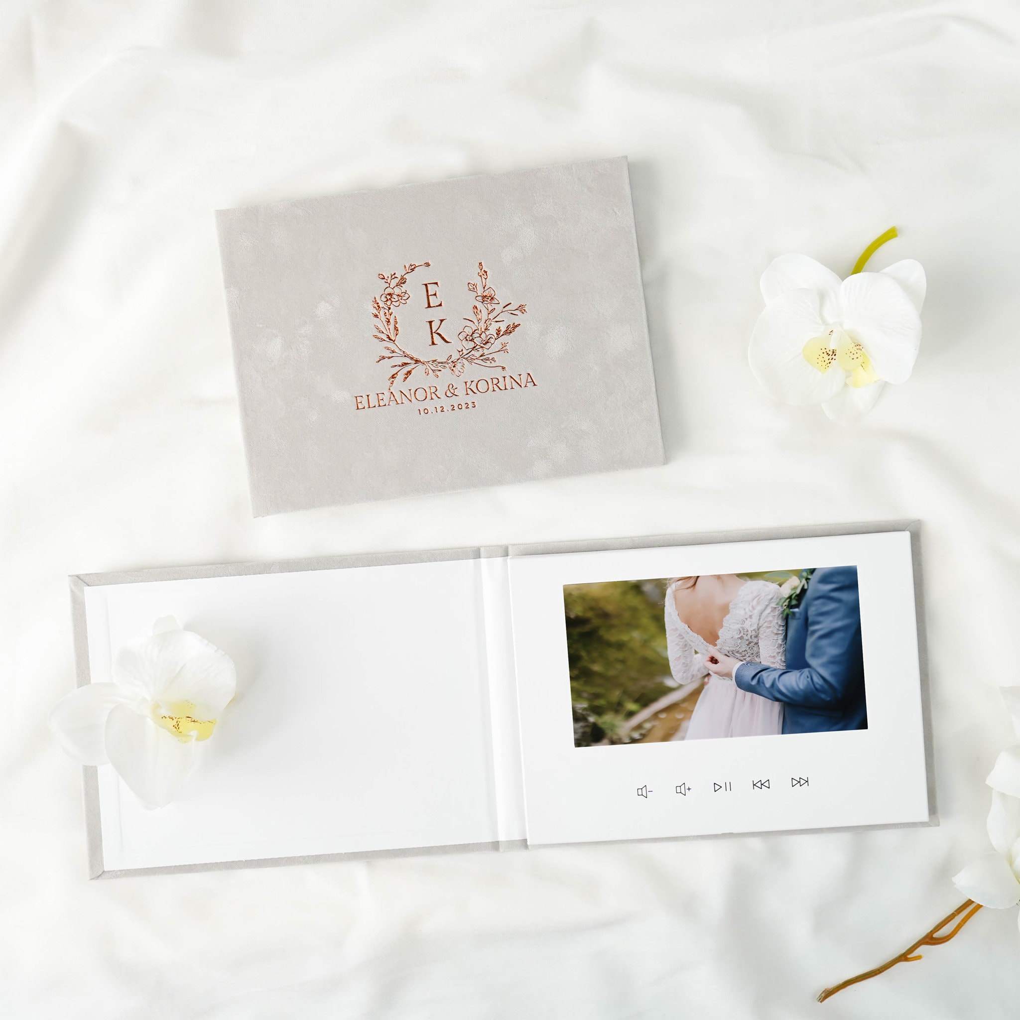 Personalized Velvet Video Book | Wedding Memory Book | Pale Grey | Rose