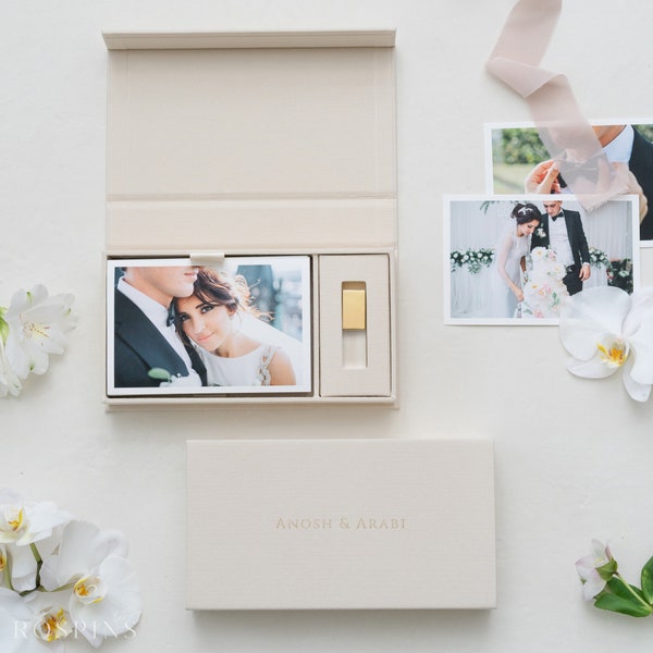 Linen Photo & USB Box - Ivory | Custom size wedding photo box | Foil Stamped with logo or texts | Box only