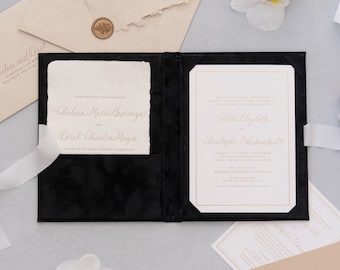 Folio d'invitation en velours - Noir | Taille personnalisée | Feuille estampillée avec logo ou textes