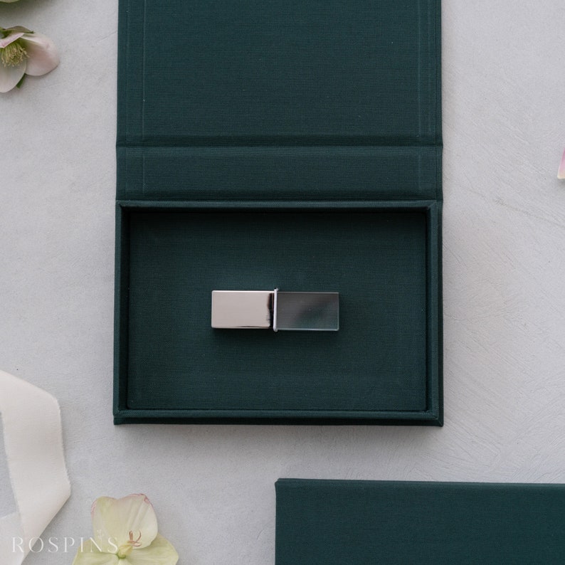 Linen USB Box - Emerald Green